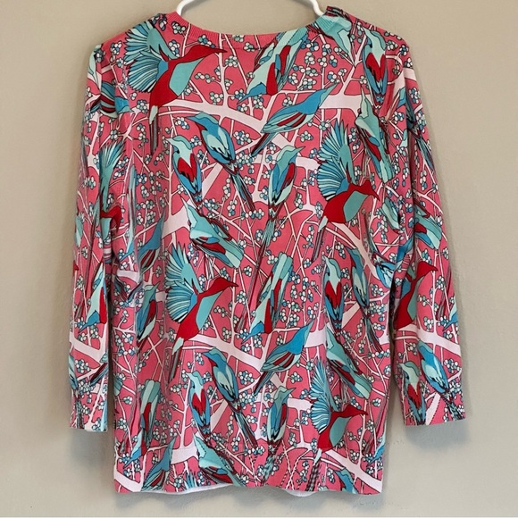 SOLD Talbots Pink Red Blue Bird Cardigan Women’s XL Hummingbirds Cotton Blend - Picture 2 of 5